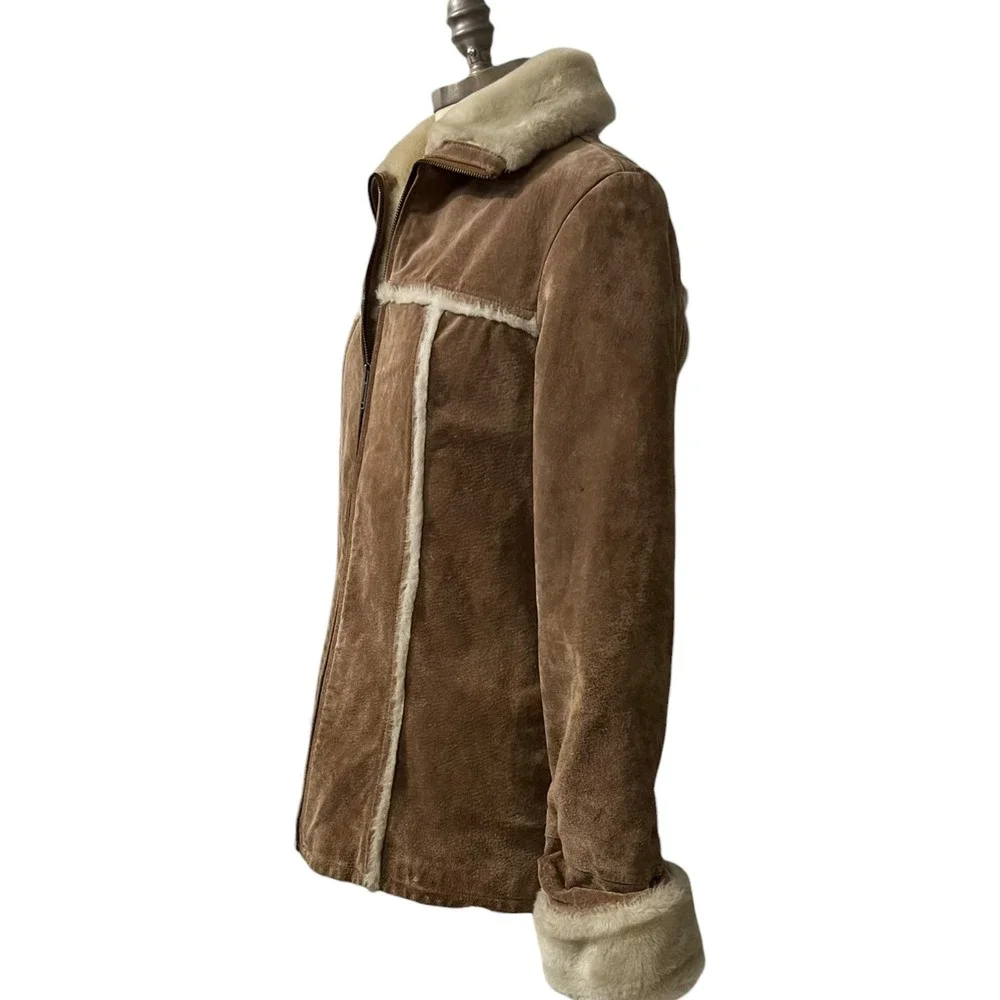 Wilsons Leather‎ Maxima Tan Suede Faux Shearling Fur Trim Zip Jacket Medium